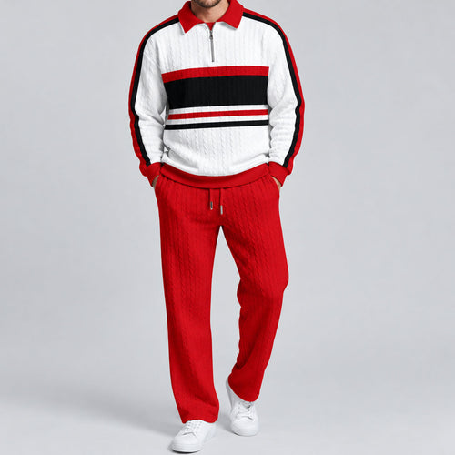 Men's Horizontal-Striped Polo Shirt and Pants Set