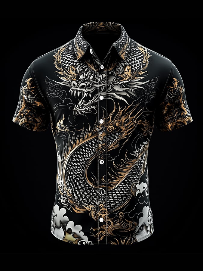 Men's Casual Retro Dragon Print Short Sleeve Shirt
