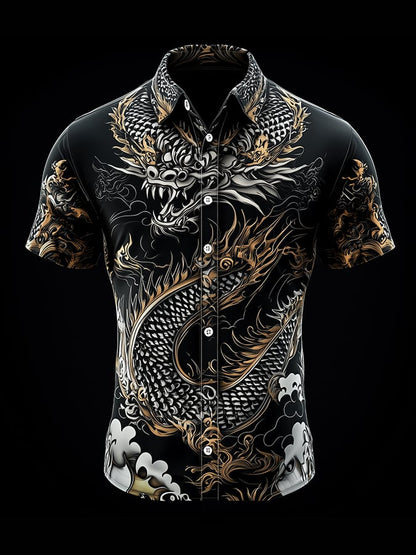 Men's Casual Retro Dragon Print Short Sleeve Shirt