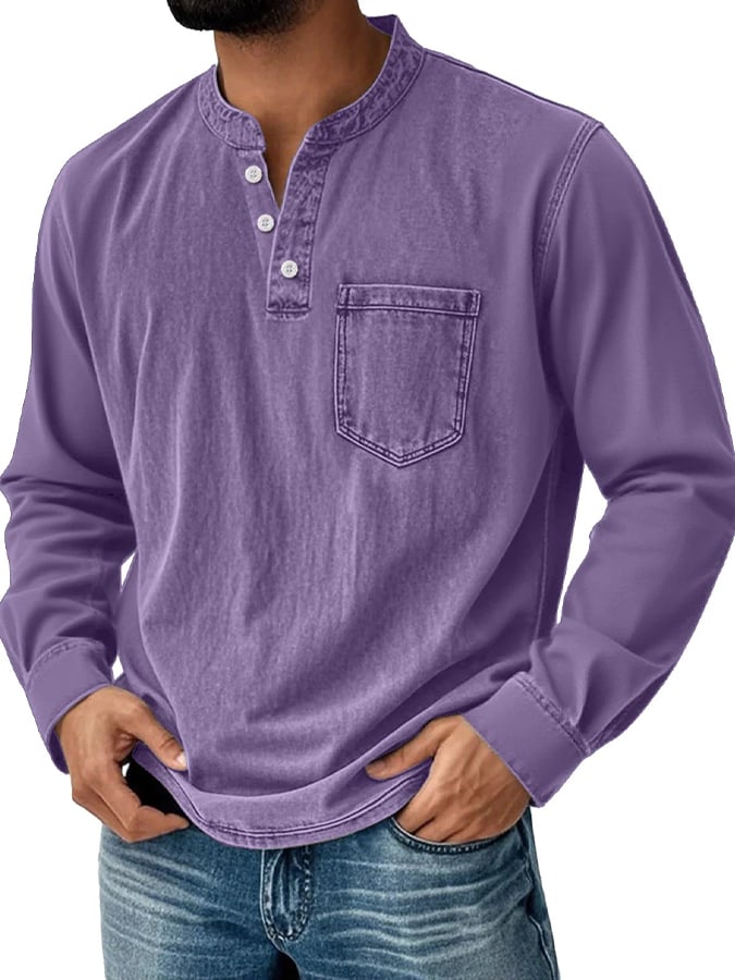 Men's Vintage Basic Distressed Long Sleeve Henley Shirt