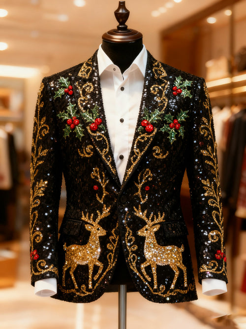 Men's Christmas Casual Print Large Pocket Blazers