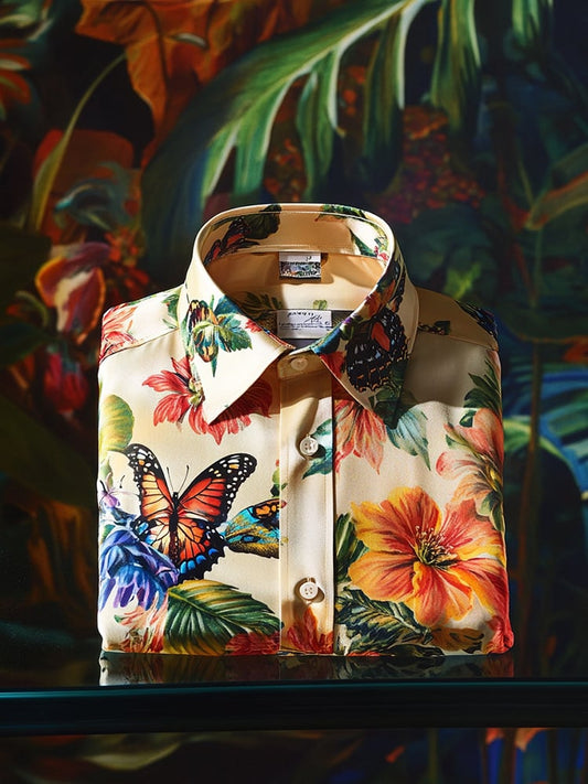 Men's Business Casual Butterfly Floral Lapel Short Sleeve Shirt