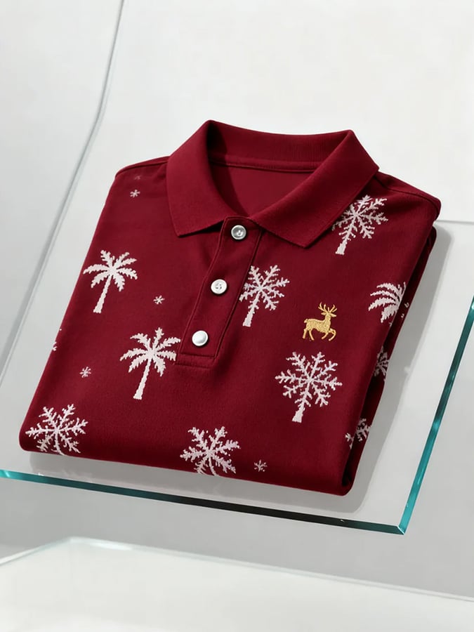 Men's Christmas-Themed Printed Short-Sleeved Polo Shirt