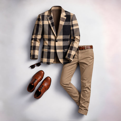 Men's Checkered Print Two-Piece Suit Set (Jacket and Pants)