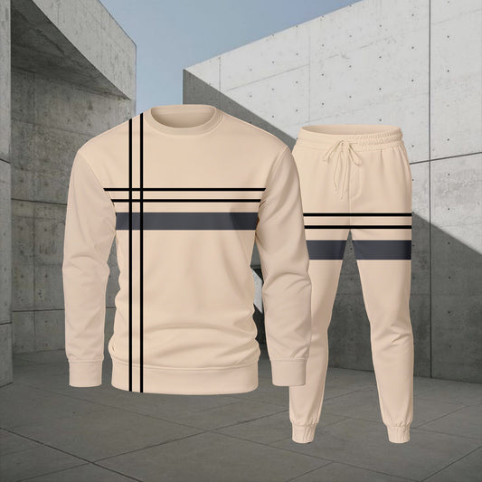 Men's Casual Color Matching Printed Round-Neck Long-Sleeve Sweatshirts Trousers Two-Piece Set