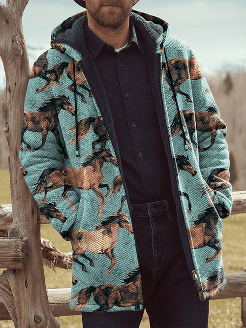Men's Western Horse Print Plush Long Sleeve Cardigan Jacket