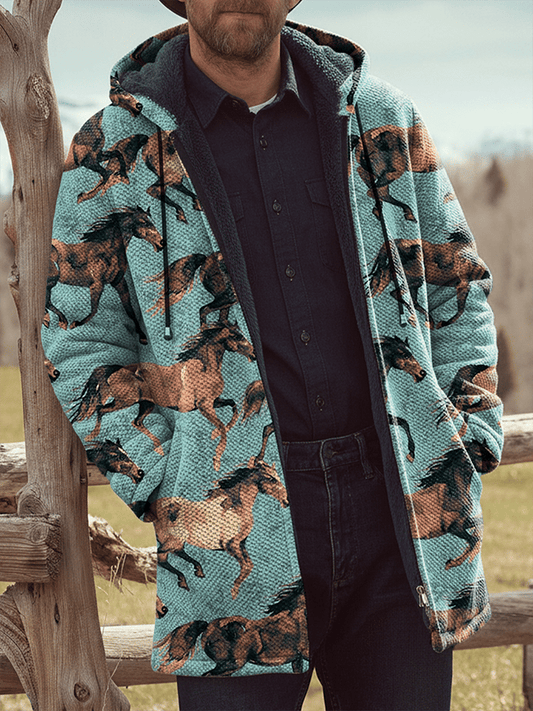 Men's Western Horse Print Plush Long Sleeve Cardigan Jacket
