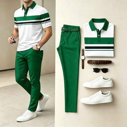 Men's Casual Geometry Printed Polo Shirt And Pants Two-Piece Set
