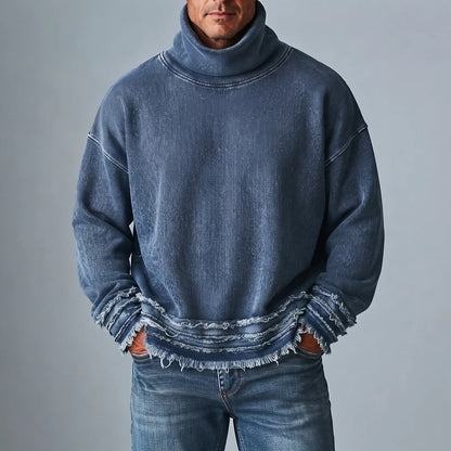 Men's Denim Turtleneck Distressed Raw Hem Long Sleeve Pullover Sweatshirt