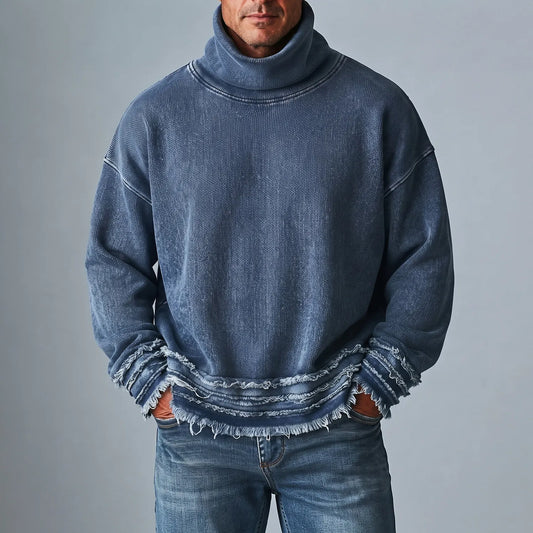 Men's Denim Turtleneck Distressed Raw Hem Long Sleeve Pullover Sweatshirt