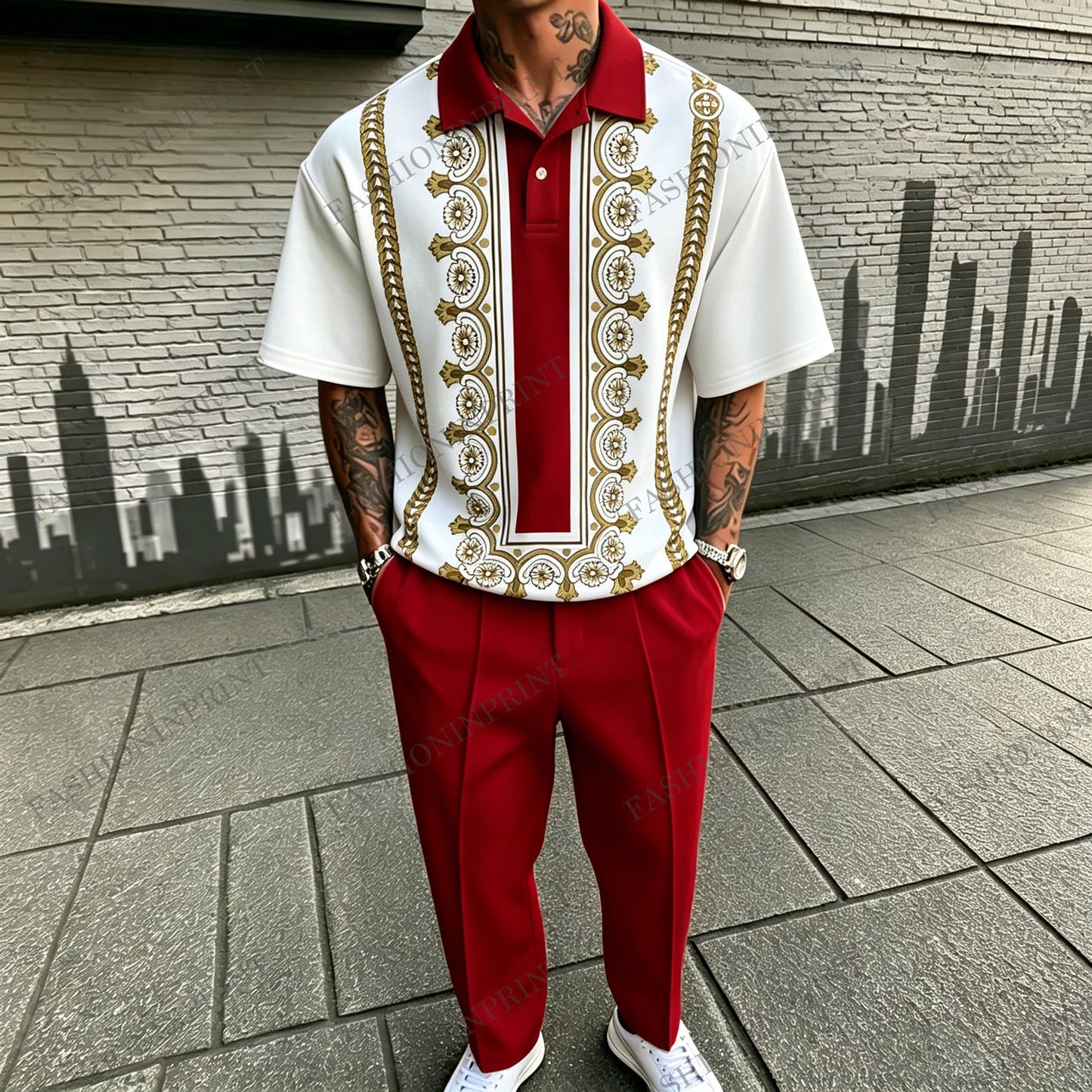 Men's Casual Red Printed Polo Shirt And Pants Two-Piece Set