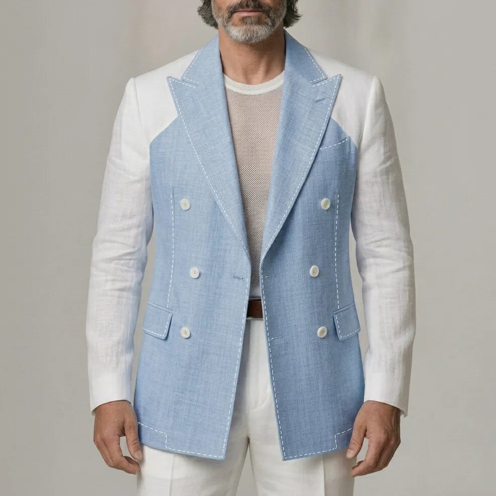 Men's Semi Formal Cool Blue Double Breasted Peak Lapel Contrast Color Blazer