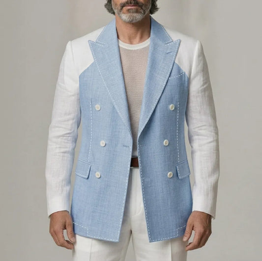 Men's Semi Formal Cool Blue Double Breasted Peak Lapel Contrast Color Blazer