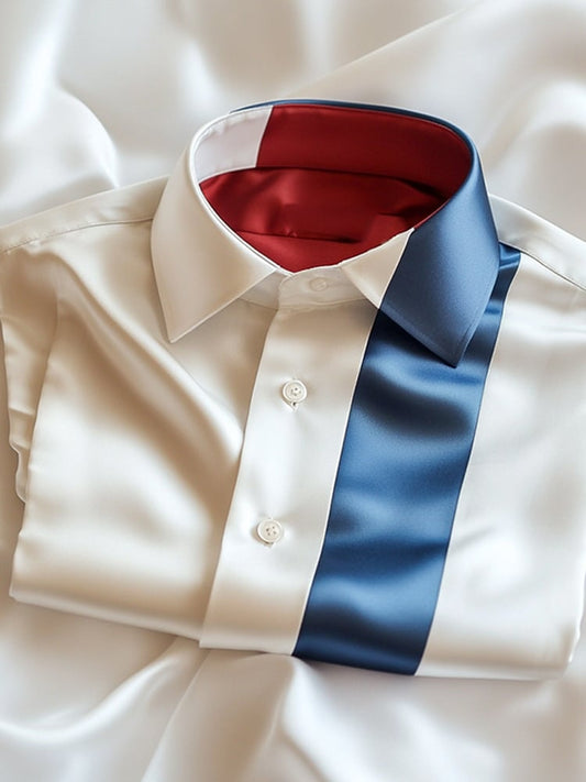 Men's Business Casual Blue Color Block Lapel Short Sleeve Shirt