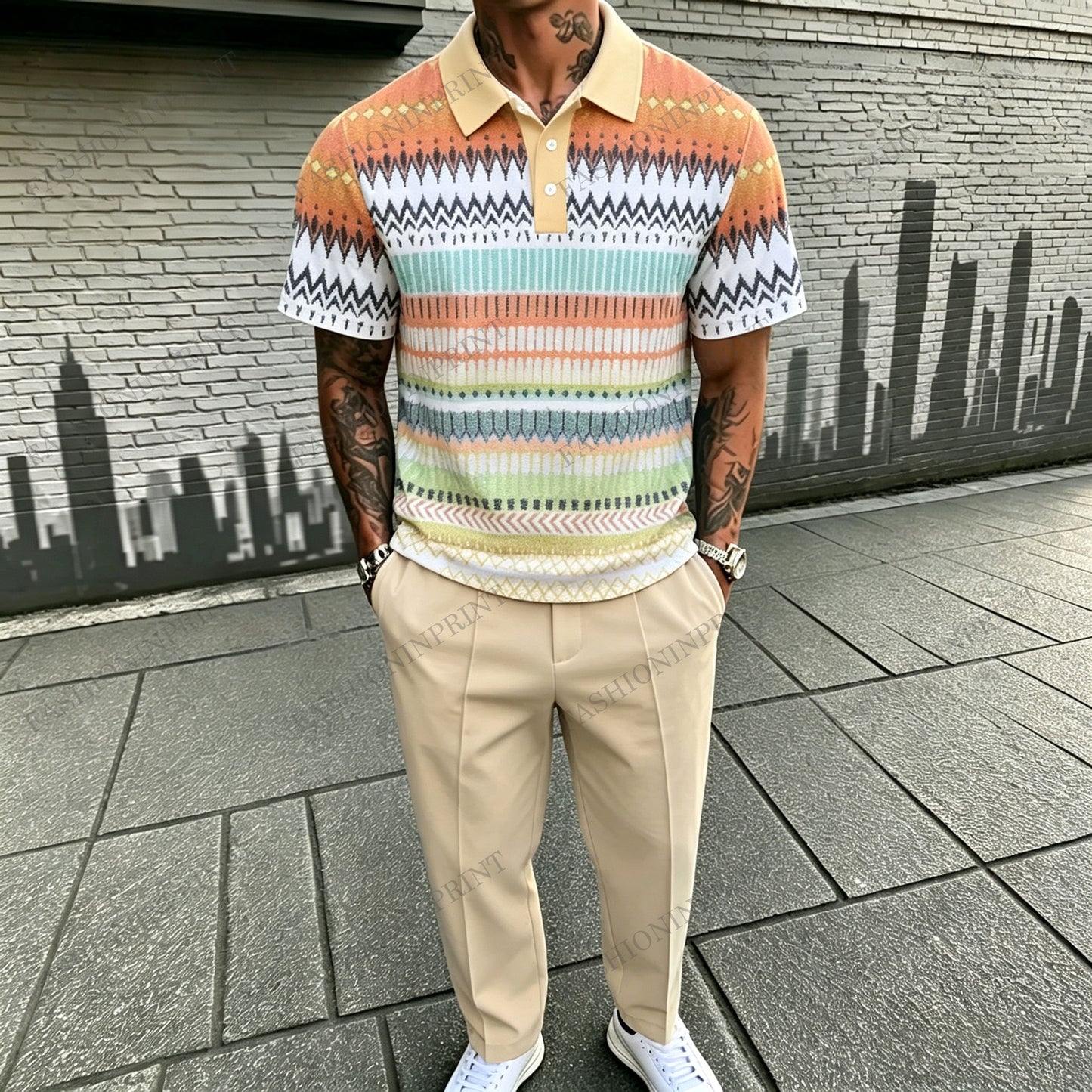 Men's Casual Colorful Stripes Printed Polo Shirt And Pants Two-Piece Set