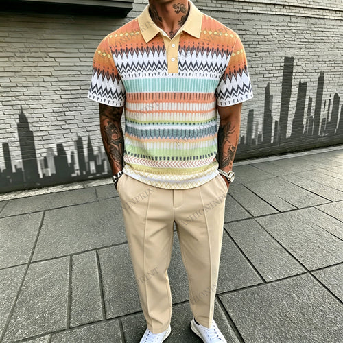 Men's Casual Colorful Stripes Printed Polo Shirt And Pants Two-Piece Set