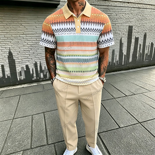 Men's Casual Colorful Stripes Printed Polo Shirt And Pants Two-Piece Set