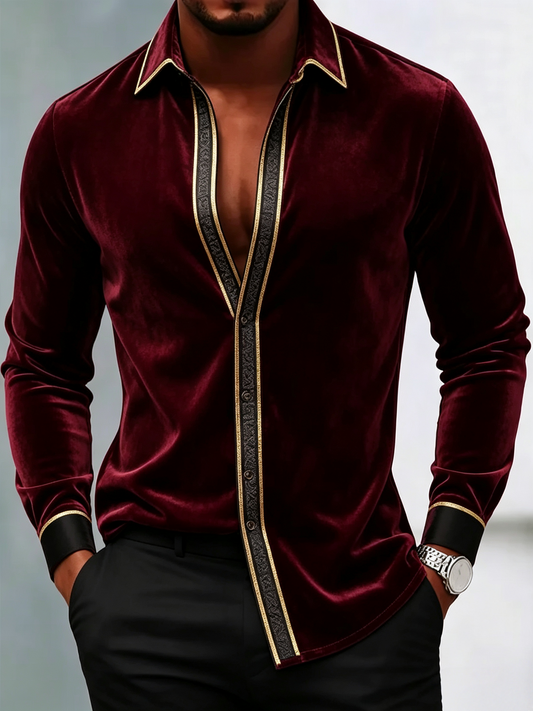 Men's Wine Velvet Long-Sleeve Shirt