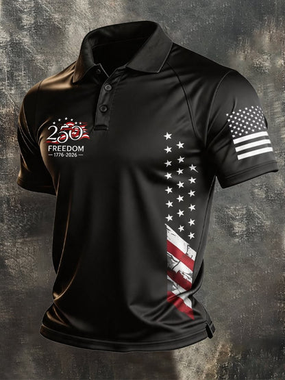 Men's Retro Patriotic Color-Block Short-Sleeve Polo Shirt