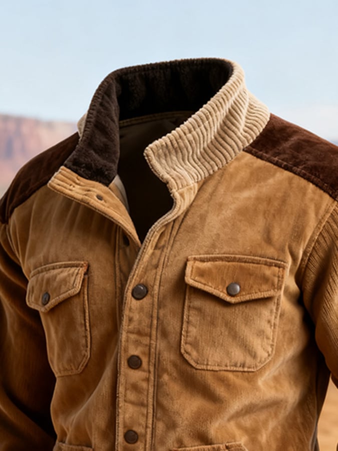 Men's Retro Stitching Contrast Color Multi-Pocket Stand Collar Casual Jacket