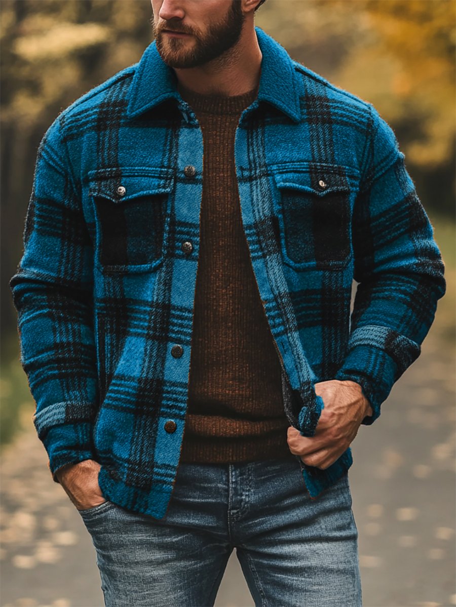 Men's Casual Plaid Long Sleeve Shirt Jacket