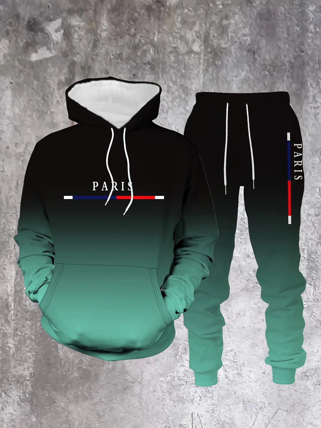 Gradient Color Paris Tracksuit Outfit Men's Street Fashion 3D Print Sport Hoodie 2-Piece Autumn/Winter Sweatshirt Sweatpants Set