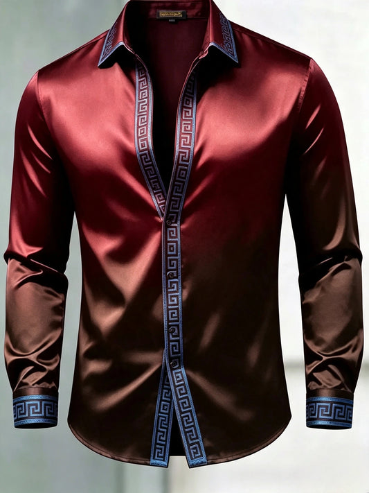 Men's Luxury Glossy Satin Long Sleeve Gradient Burgundy Dress Shirt