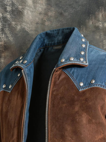 Men's Vintage Denim-Panel Zip-Up Jacket with Lapel Collar