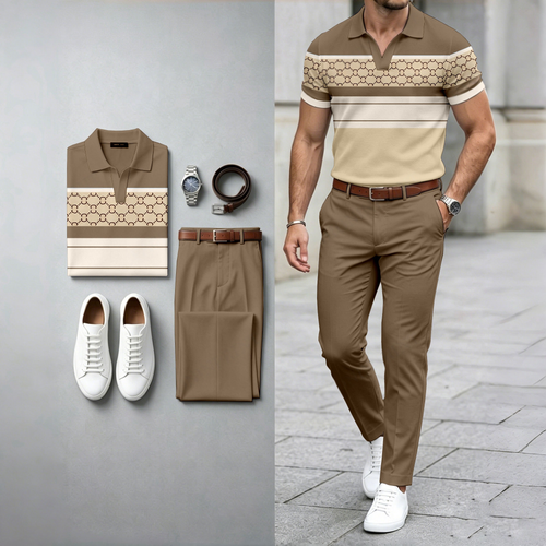 Men's Casual Color-Blocked Print Short-Sleeve Polo Shirt And Pants Two-Piece Set (Watch And Belt Not Included)