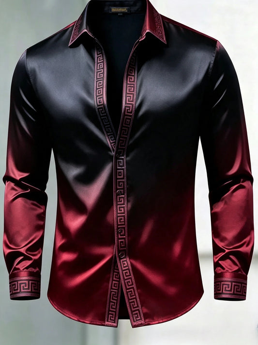 Men's Luxury Glossy Satin Long Sleeve Gradient Black Red Dress Shirt