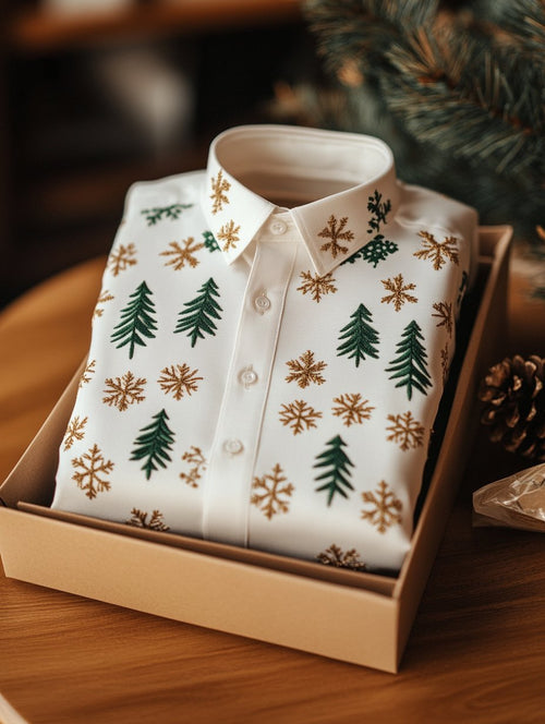 Men's Business Retro Christmas Evergreen Pine Snowflake Print Long Sleeve Shirt