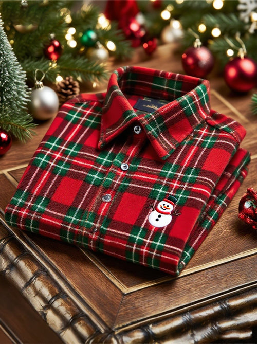 Men's Velvet Plaid Christmas Logo Casual Long Sleeve Shirt