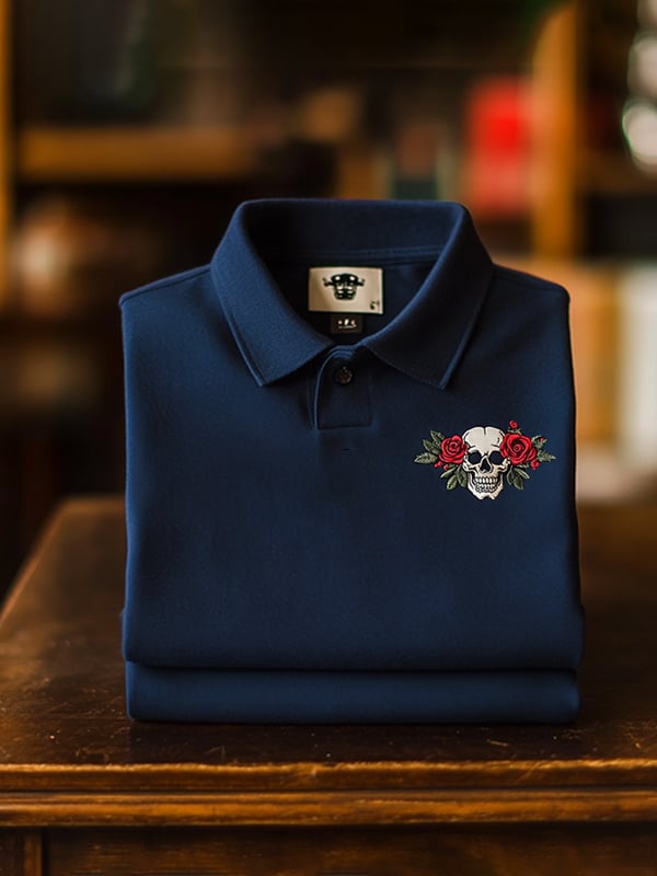 Men's Classic Business Skull Rose Logo Short Sleeve Polo Shirt
