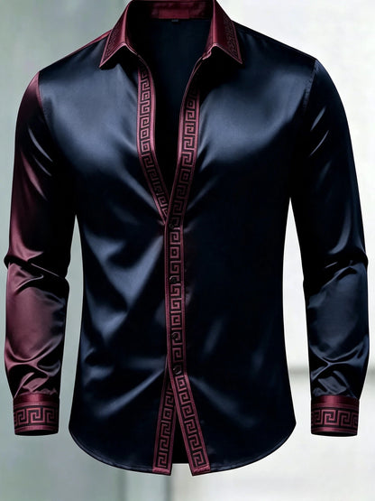 Men's Luxury Glossy Satin Long Sleeve Gradient Burgundy Dress Shirt