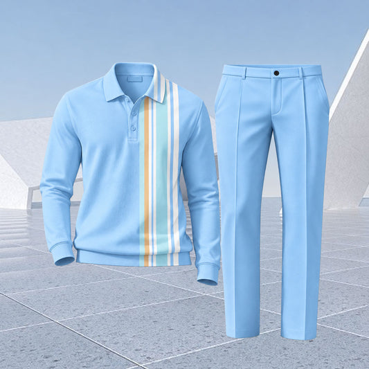 Men's Striped Printed Polo Shirt and Pants Two-Piece Set