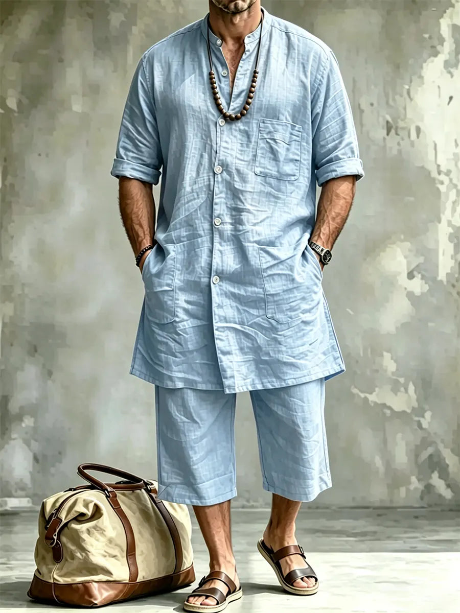 Men's Comfort Casual Short-sleeve Linen Top Shorts Two-piece