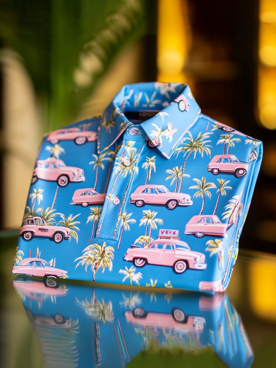 Men's Business Casual Jacquard Button Short Sleeve Polo Shirt