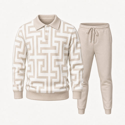 Men's Two-Piece Set: Polo Shirt and Pants with Interlocking Pattern Print