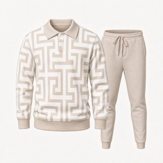 Men's Two-Piece Set: Polo Shirt and Pants with Interlocking Pattern Print