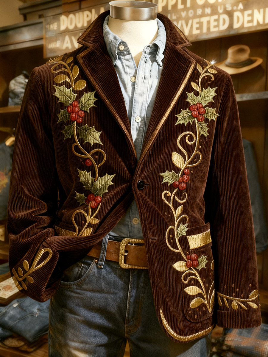Men's Corduroy Christmas Holly Lapel Blazer