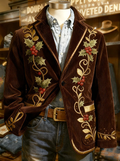 Men's Corduroy Christmas Holly Lapel Blazer
