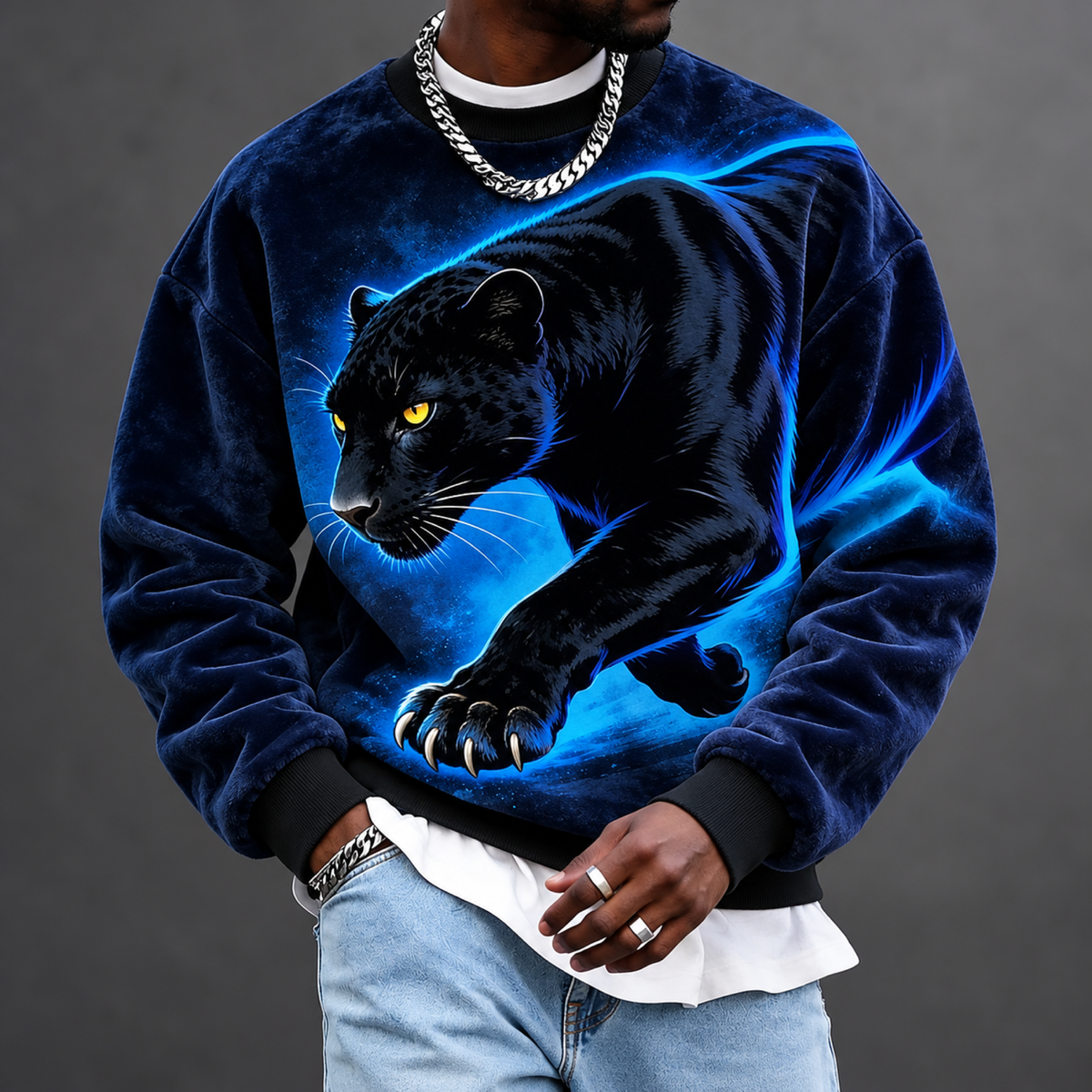 Men's Black Panther Print Crewneck Sweatshirt