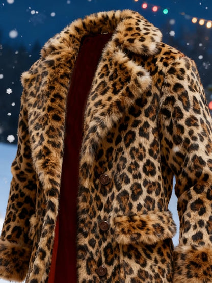 Men's Warm Plush Leopard Print Christmas Fur Collar Jacket