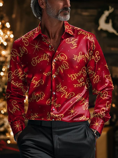 Men's Luxury Christmas Contrast Color Print Long Sleeve Shirt