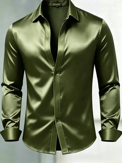 Men's Luxury Glossy Satin Long Sleeve Gradient Burgundy Dress Shirt