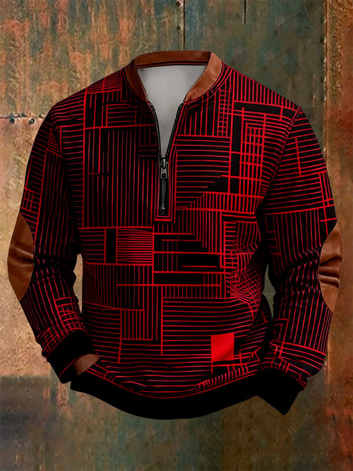 Men's Retro Bauhaus Geometric Style Print Quarter Zip Sweatshirt