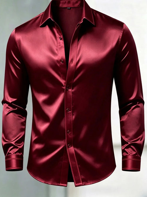 Men's Luxury Glossy Satin Long Sleeve Gradient Burgundy Dress Shirt