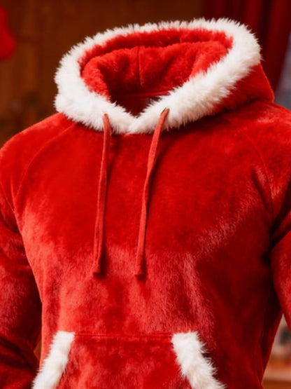 Men's Warm Plush Stitching Contrast Color Christmas Hooded Sweatshirt