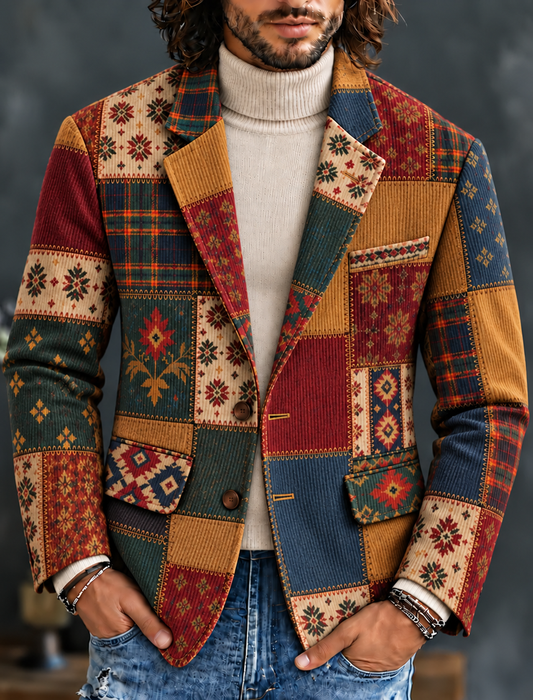Men's Vintage Ethnic Pattern Color-block Print Casual Corduroy Blazer