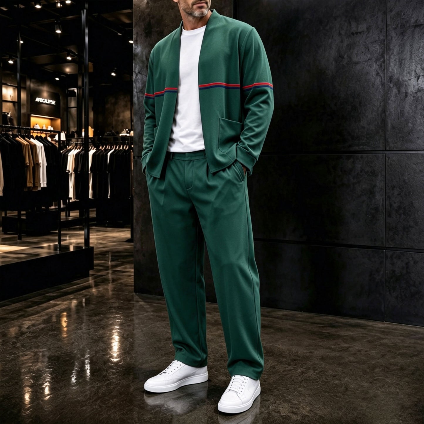 Men's Green Cardigan Jacket and Pants Two-Piece Set